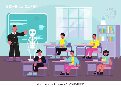 School anatomy lesson flat composition with teacher at electronic boord explains skeleton muscular bone system vector illustration 