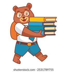 School animal character.  Children education.A bear puppy with books.Line art vector illustration.Children Library little bear  reading a book.Schoolboy carry lots of books.Back to school.