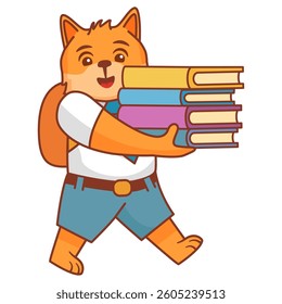 School animal character.  Children education.A dog puppy with books.Line art vector illustration.Children Library little dog  reading a book.Schoolboy carry lots of books.Back to school.