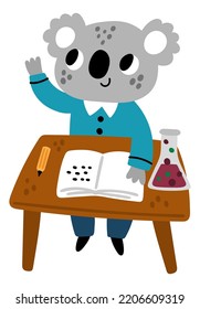 School animal character. Funny forest student in uniform. Cartoon koala pupil sitting at classroom table. Chemistry lesson. Children education in class. Studying mammal