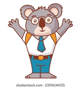 School animal character. Student in uniform. Cartoon koala pupil.Children education.A koala schoolboy with books.Line art vector illustration.Isolated on white background.little koala reading a book.
