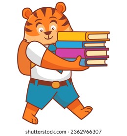 School animal character. Student in uniform. Cartoon tiger.Children education.A puppy schoolboy with books.Line art vector illustration.Isolated on white background.little tiger cat reading a book.
