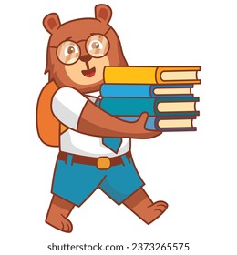 School animal character. Student in uniform. Cartoon hare.Children education.A bear puppy schoolboy with books.Line art vector illustration.Children Library little bear  reading a book.
