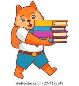 School animal character. Student in uniform. Cartoon fox.Children education.A fox puppy schoolboy with books.Line art vector illustration.Children Library little bear reading a book.