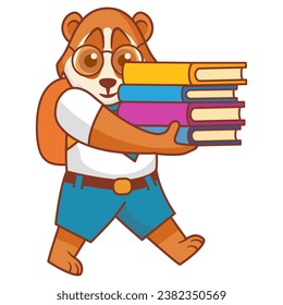 School animal character. Student in uniform. Cartoon lori.Children education.A lori schoolboy with books.Line art vector illustration.Children Library little lori reading a book.