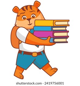 School animal character. Student in uniform. Cartoon tiger.Children education.A tiger schoolboy with books.Hand drawn vector illustration. Animal children library carries a book.