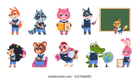 School Animal Characters. Cute Cartoon Animal Kids At School With Books And Backpacks Reading And Studying.  