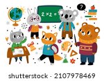 School animal characters. Forest students in uniform. Bunny with glasses. Wolf at desk pulls hand. Fox with backpack. Bear teacher. Education elements. Vector cartoon
