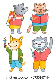School animal characters, students or pupils. Cute cartoon animals at school with textbook, schoolbag and school supplies isolated on white background. Back to school concept, education theme