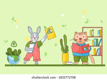 School animal characters, students or pupils. Cute cartoon cat and hare at school in the classroom with textbooks and notebooks reading and studying. Back to school concept, education theme