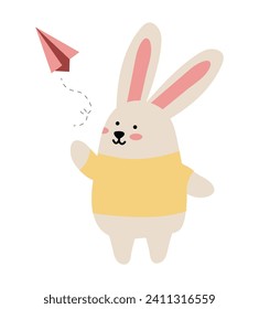 School animal of colorful set. Its cartoon rabbit and school-related accessory - paper airplane create a joyful and educational atmosphere. Vector illustration.