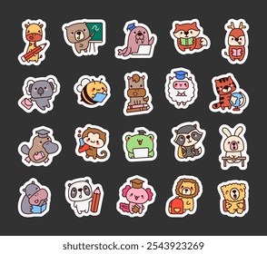 School animal kawaii cartoon outline characters with educational supplies for children learning and fun classroom activities