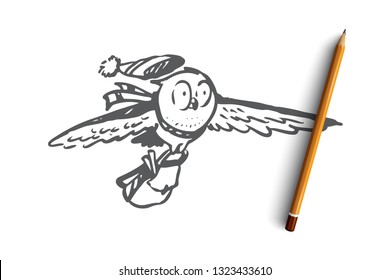 School, animal, owl, fly, study concept. Hand drawn animal character owl flying to school concept sketch. Isolated vector illustration.