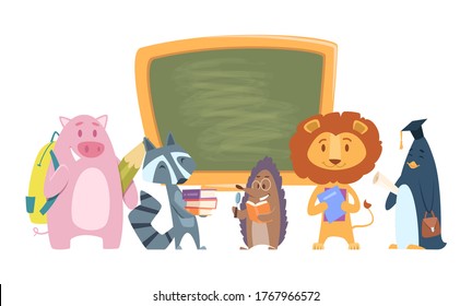 School Animals. Back To School Cartoon Characters. Cute Students Lion, Raccoon, Hedgehog With Books And Bags Standing Near Chalkboard Vector Illustration