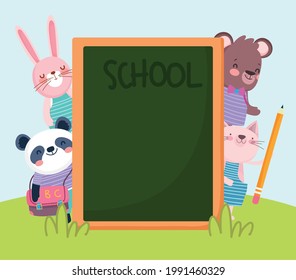 school animals with chalkboard cartoon