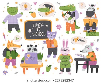 School animals flat icons set. Cute cartoon crocodile, fox, mouse, zebra,frog go for study and read books. Back to school concept. Funny smart animals. Color isolated illustrations