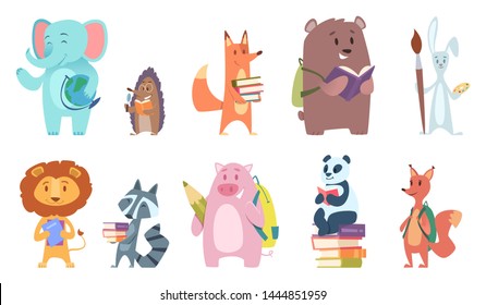 School Animals. Funny Zoo Kids With Backpacks And Other School Equipment Squirrel Elephant Bear Fox Vector Characters. Some Animals Back To School Illustration