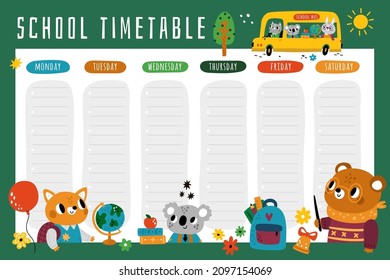 School Animals Timetable. Educational Week Planner. Students Characters. Koala With Books. Primary School Document. Studying Bear And Fox. Graduation Certificate And