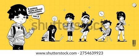 School Anime Comic Character with Children and Child Animation for A Cute Girl or Kid Cartoon. Manga Student in A Halftone Style with A Boy at Play and Run for Education, Writing, and A Pencil.