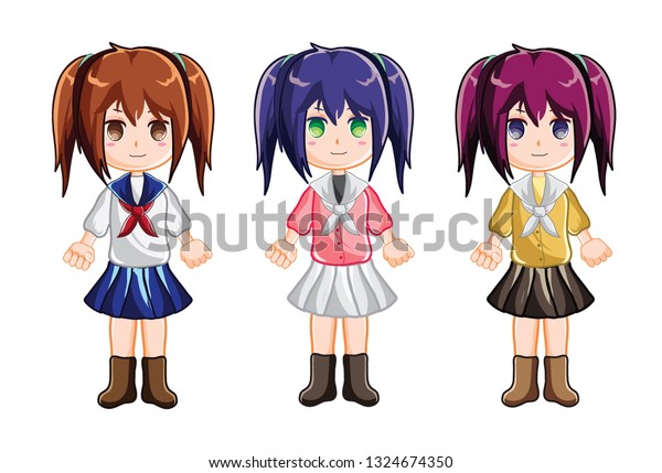 School Anime Cute Girl Characters Uniform Stock Vector Royalty Free