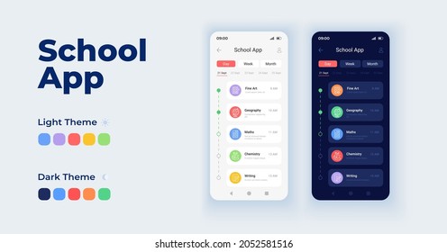 School app cartoon smartphone interface vector templates set. Education online. Mobile app screen page day and dark mode design. E learning UI for application. Phone display with flat character