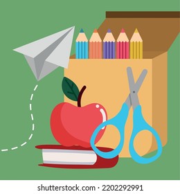 school apple and supplies with book
