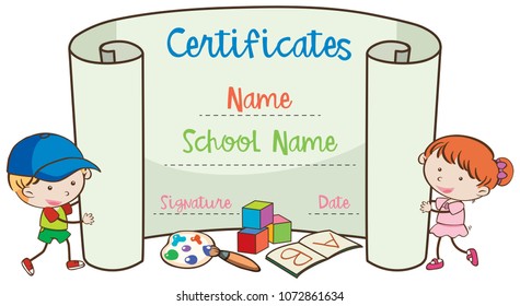 School Art Certificate Template With Doodle Kids illustration
