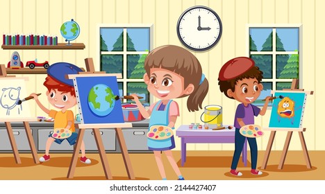 School art classroom with student kids illustration