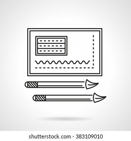 School art and creativity. Ornate album for painting and two brushes. School supplies. Vector icon flat thin line style. Element for web design, business, mobile app. 