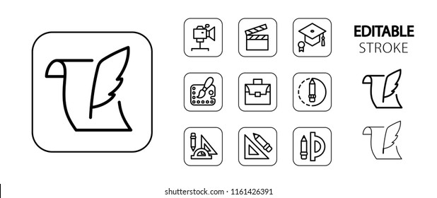 School, art, education, science, office supplies icon set. Simple outline web icons. Editable stroke. Vector illustration. 