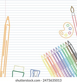 School Art Layout - Colored Outline Drawings of School Supplies on Notebook Paper - Coloring Pencils, Big Pencil, Sharpener, Eraser and Paint Brush. Square Shape.