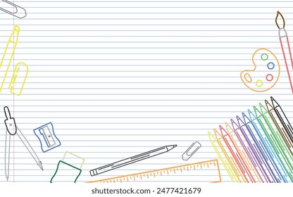 School Art Layout - Colored Outline Drawings of School Supplies on Notebook Paper - Ruler, Coloring Pencils, Sharpener, Eraser, Brush, Compass and Marker. Rectangle Shape.