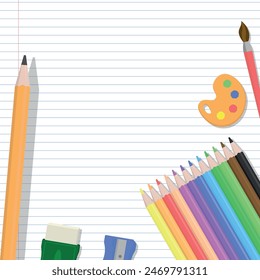 School Art Layout - Various School Supplies on Notebook Paper Background - Coloring Pencils, Big Pencil, Sharpener, Eraser and Paint Brush. Square Shape.