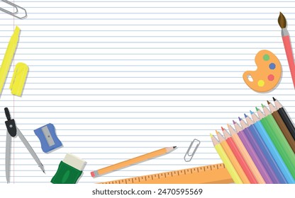 School Art Layout - Various School Supplies on Notebook Paper Background - Ruler, Coloring Pencils, Sharpener, Eraser, Brush, Compass and Marker. Rectangle Shape.