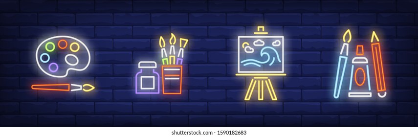 School of art neon sign set. Palette, artistic paints, easel, paintbrush. Vector illustration in neon style, bright banner for topics like artist, drawing, creativity, hobby