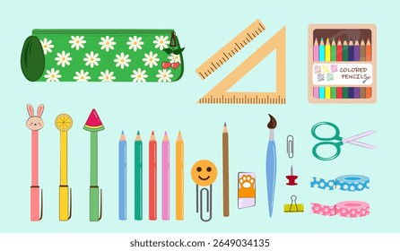Material escolar e artístico definido, perfeito para estudantes, artistas e projetos criativos. Inclui estojo de lápis, lápis, régua, canetas, tesoura e vários acessórios de mesa. Adequado para instituições educacionais e escolares