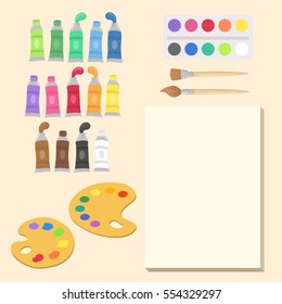 School Art Supplies Set Vector Illustration Cartoon. Paint tubes, palette, canvas,and brush.