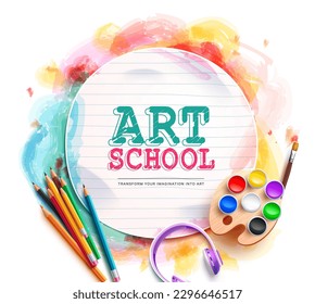 School art text vector template. Art school in empty paper space with coloring and drawing materials. Vector illustration back to school design. 