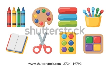 School art tools icons vector set with crayons, notebook, scissors, paint pans, modeling clay, cup, creative classroom illustration