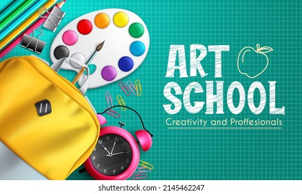 School art vector background design. Art school typography text in chalk board grid with painting, color pencil and backpack bag elements  for professional and creative learning. Vector illustration.