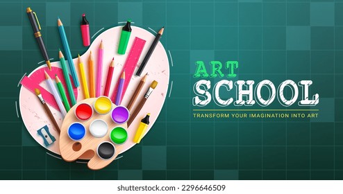 School art vector design. Back to school text with arts materials, coloring, drawing and painting elements. Vector illustration art school concept. 