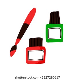 School Artist tools, brush and gouaches. Creative painter equipment for craft and drawing. Vector illustration