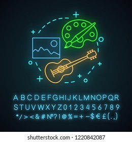 School Of Arts Neon Light Concept Icon. Music, Photography, Painting Idea. Guitar, Photo, Palette With Brush. Glowing Sign With Alphabet, Numbers And Symbols. Vector Isolated Illustration