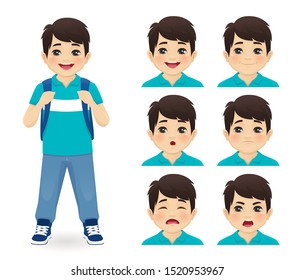 School asian boy with backpack emotions set isolated vector illustration