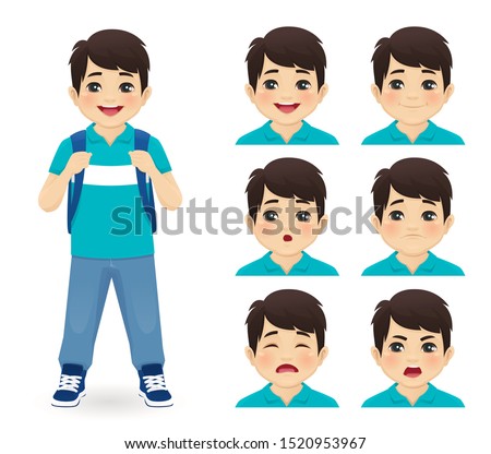 School asian boy with backpack emotions set isolated vector illustration
