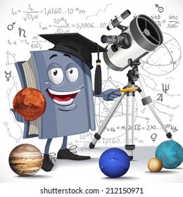 School astronomy textbook with telescope hold Mars on formula background