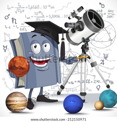 School astronomy textbook with telescope hold Mars on formula background