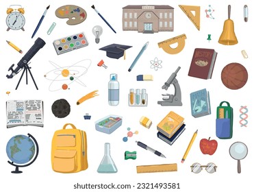 School attributes doodles collection. Set of textbooks, laboratory and classes equipment, stationery items. Cartoon style vector illustrations. Back to school clip arts isolated on white..