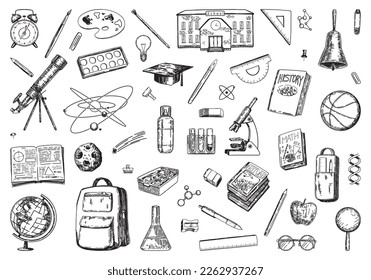 School attributes sketches collection. Set of textbooks, laboratory and classes equipment, stationery items. Hand drawn vector illustrations. Back to school clip arts isolated on white..