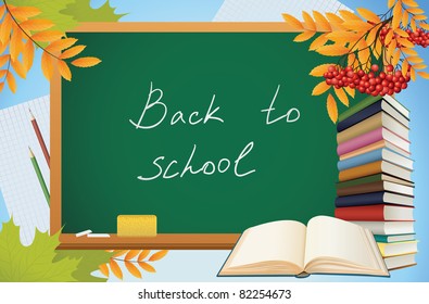 school autumn background with blackboard, books and yellow leaves, vector